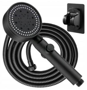 Set 3 elemente pentru dus, para de dus moderna + furtun flexibil + suport pentru perete, culoare Neagra - Img 2