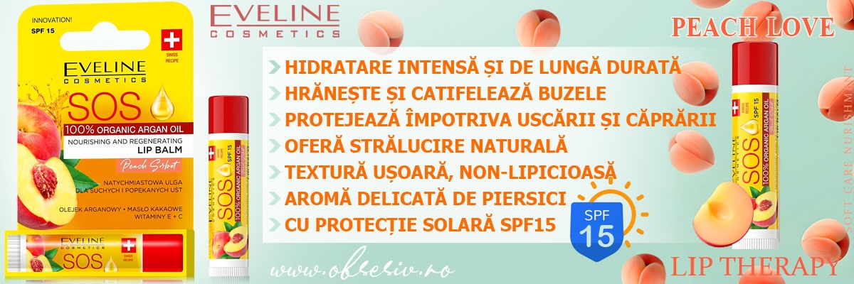 Balsam Buze Aroma Piersici cu Ulei Organic de Argan SPF15 - Hidratare Intensă și Protecție Solară