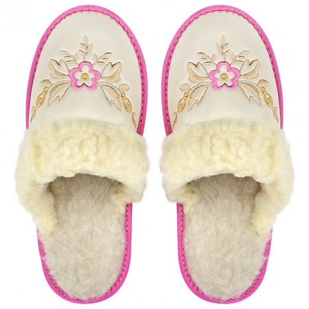 Papuci de Casa din Piele Imblaniti cu Lana Marca Tylbut Model &#039;Pearl Pink&#039;