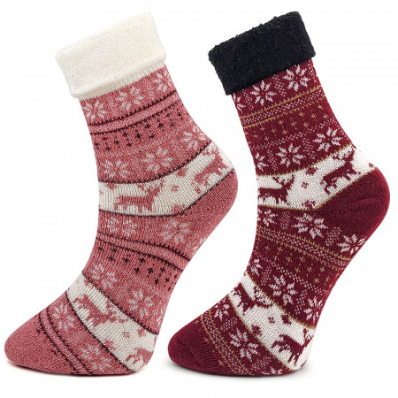 Sosete Thermo din Lana Set 2 Perechi Model &#039;Joys of Winter&#039; Culoare Roz / Visiniu