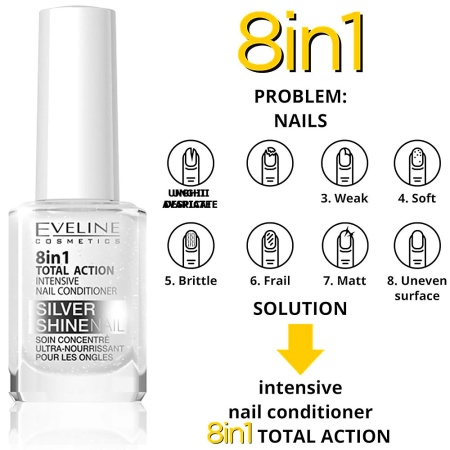 Tratament Unghii 8 in 1 Total Action Silver Shine Eveline Cosmetics, Regenerare Instant cu Particule de Argint