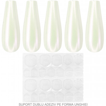 Set 24 Unghii False Reutilizabile cu Manichiura Instant Model &#039;White Pearl Reflection&#039;