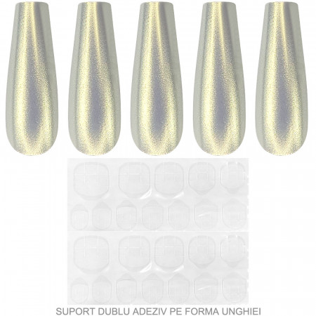 Set 24 Unghii False Reutilizabile cu Manichiura Instant Model &#039;Silver Pearl Reflection&#039;