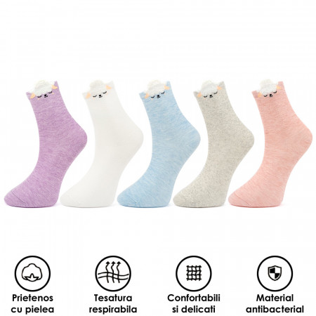 Sosete Clasice Dama din Bumbac Set 5 Perechi Model 'Happy Face'