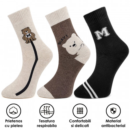 Sosete Thermo din Bumbac Set 3 Perechi Model 'Play Miss Bear'