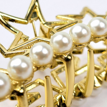 Clema de Par Metalica cu Perle si Stelute Model &#039;Gold Stars and Pearls&#039;