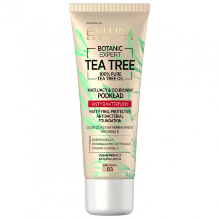 Fond de Ten cu Protectie Antibacteriana Vegan 100% Pure Tea Tree Oil Eveline Cosmetics 03 Light Beige
