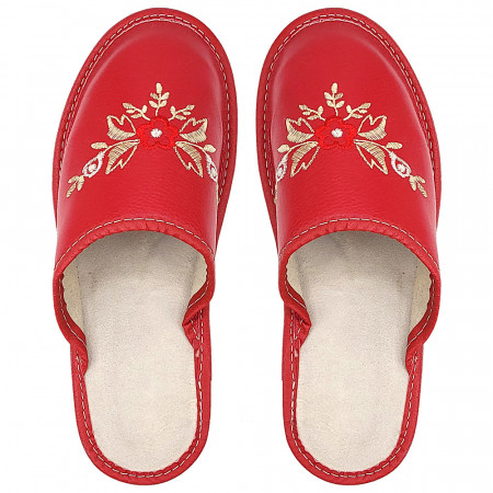 Papuci de Casa din Piele Culoare Crem Marca Tylbut Model &#039;Feelings in Red&#039;