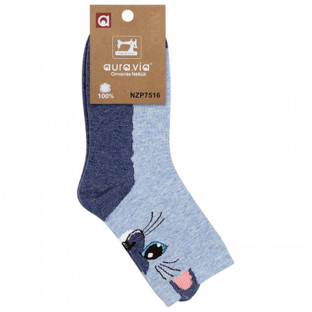 Sosete Dama Fara Cusatura Model &#039;Life is Better with Cat&#039; Culoare Ceruleum