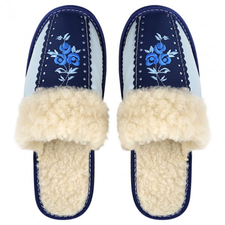 Papuci de Casa din Piele Imblaniti cu Lana Marca Tylbut Model 'Blue Season'