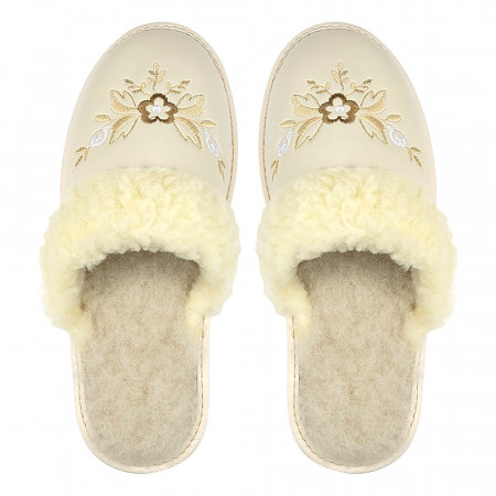 Papuci de Casa Piele Imblaniti cu Lana, Marca Tylbut Model 'Floral Pearls'