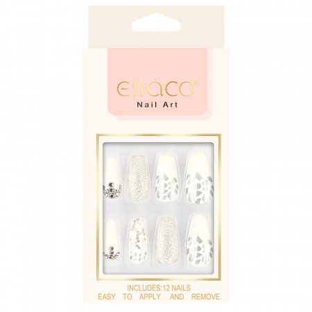 Set 12 Unghii Reutilizabile cu Manichiura Instant 'Shining Purity', Culoare Alb