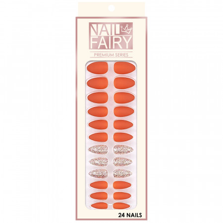 Set 24 Unghii False Reutilizabile cu Manichiura Instant, Culoare Orange Mat si Glitter