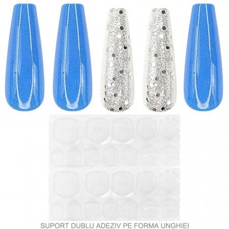 Set 24 Unghii False Reutilizabile cu Manichiura Instant, Model Blue Galaxy