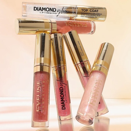 Luciu Buze Top Coat cu Acid Hialuronic - Eveline Diamond Glow Lip Luminiser, No. 01. Prezentare culori.