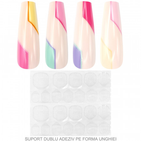 Set 24 Unghii False Reutilizabile cu Manichiura Instant, Culoare Pink Rainbow