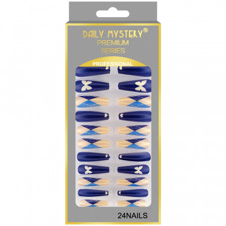 Set 24 Unghii False Reutilizabile cu Manichiura Instant Model 'Blue Butterfly'