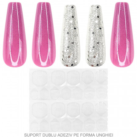 Set 24 Unghii False Reutilizabile cu Manichiura Instant, Model Fuchsia Galaxy