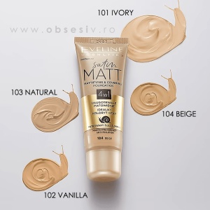 Fond de Ten Matifiant cu Efect de Acoperire Satin Matt 104 Beige - Prezentare nuanțe produs în ambient.