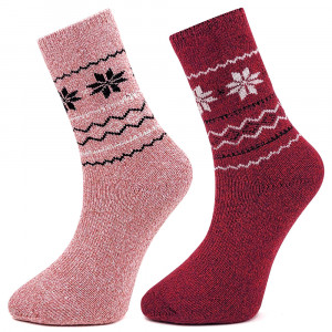 Set 2 Perechi Sosete din Lana de Alpaca Model 'Winter Tradition' Burgundy/Pink