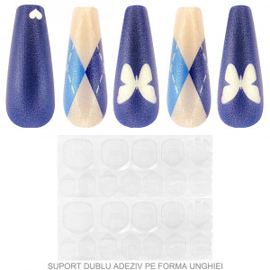 Set 24 Unghii False Reutilizabile cu Manichiura Instant Model 'Blue Butterfly'