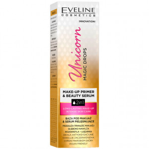 Baza si Ser Machiaj 2 in 1 Unicorn Magic Drops Eveline Cosmetics. Prezentare produsul in ambalaj, cutie de carton.