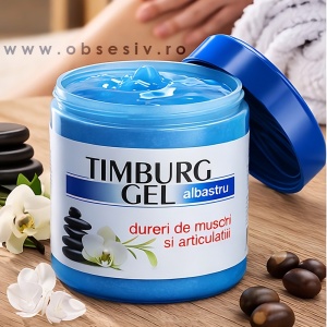 Textura revigorantă a gelului Timburg Albastru și culoarea sa intensă promit o relaxare musculară imediată și un efect răcoritor.