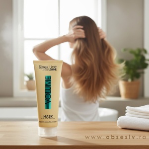 Mască Profesională pentru Păr Creț și Ondulat Waves & Curls cu Proteine din Mătase - Prezentare compoziție.Mască Profesională pentru Păr Subțire, Delicat și Lipsit de Volum cu Proteine din Mătase - Prezentare produs în ambient.