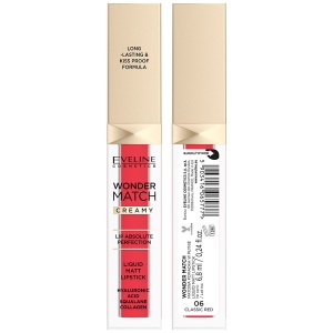 Ruj Lichid Mat Wonder Match Creamy Lip Absolute Perfection de la Eveline Cosmetics prezentat din față și din spate. Fundal alb. Nuanța 06 Classic Red.