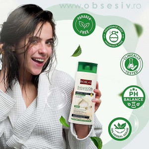 Model cu un păr bogat și strălucitor, evidențiind beneficiile utilizării Bioblas Sampon Nutritiv & Reparator.