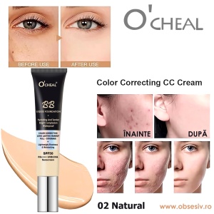 Fond de Ten BB Cream cu SPF50, 02 Natural - Waterproof, Long Lasting, Full Coverage, O'cheal