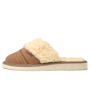 Papuci de Casa din Piele Imblaniti cu Lana Model 'Elegance in Simplicity' Cream - Vedere din lateral.
