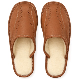 Papuci de Casă din Piele Îmblăniți cu Lână Tylbut Leather Core Maro Deschis