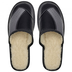 Papuci de Casa din Piele Imblaniti cu Lana Marca Tylbut Model 'Lost City' Black