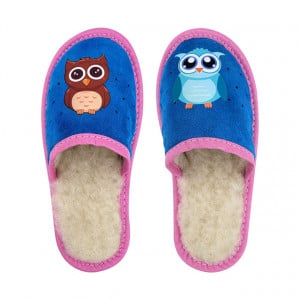 Papuci de Casa Imblaniti cu Lana pentru Copii Marca Tylbut Model 'Blue Pink Owl'