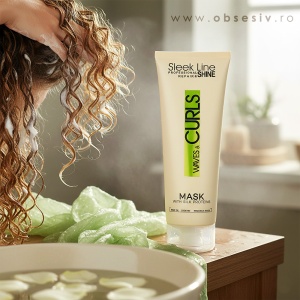 Mască Profesională pentru Păr Creț și Ondulat Waves & Curls cu Proteine din Mătase - Prezentare compoziție.Mască Profesională pentru Păr Subțire, Delicat și Lipsit de Volum cu Proteine din Mătase - Prezentare produs în ambient.