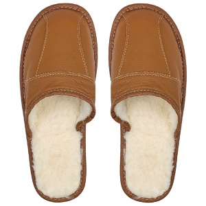 Papuci de Casă din Piele Îmblăniți cu Lână - Tylbut, Model „Classic Steps” Brown