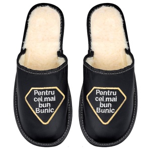 Papuci de Casă din Piele Îmblăniți cu Lână Tylbut - Model „Pentru Cel Mai Bun Bunic”