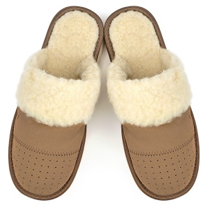 Papuci de Casa din Piele Imblaniti cu Lana Model 'Elegance in Simplicity' Cream - Vedere de sus.