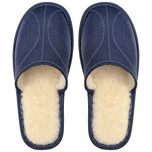 Papuci de Casa din Piele Imblaniti cu Lana Marca Tylbut Model 'Rustic' Blue Stone
