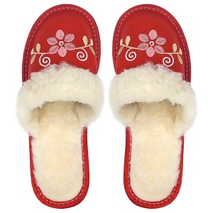 Papuci de Casă din Piele Îmblăniți cu Lână Naturală Tylbut "FairyLand" Red - Căldură și Eleganță Feminină