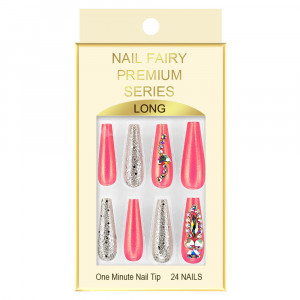 Set 12 Unghii Reutilizabile cu Manichiura Instant 'Nail Fairy Premium Series' Model 'Flamingo'