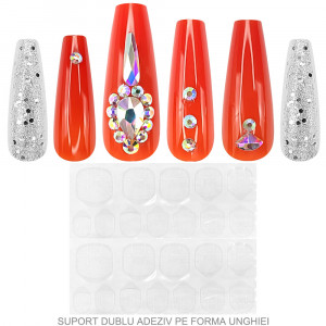 Set 24 Unghii False Reutilizabile cu Manichiura Instant, Culoare Red & Silver Stars