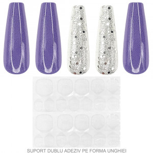 Set 24 Unghii False Reutilizabile cu Manichiura Instant, Model Purple Galaxy