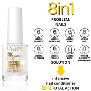 Tratament Unghii 8 in 1 Total Action Golden Shine Eveline Cosmetics, Regenerare Instant cu Particule de Aur