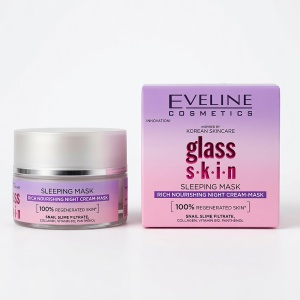 Cremă-mască de noapte Eveline Glass Skin (50ml) – tratament intens de regenerare nocturnă pentru o piele radiantă și odihnită.