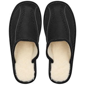 Papuci de Casă din Piele Îmblăniți cu Lână Tylbut 'Leather Core' Negru