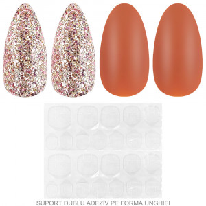 Set 24 Unghii False Reutilizabile cu Manichiura Instant, Culoare Orange Mat si Glitter