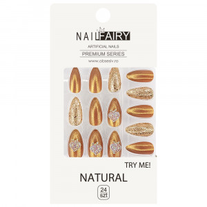 Set 24 Unghii False Reutilizabile cu Manichiura Instant Model 'Gold Life'