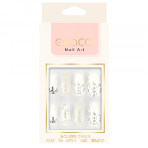 Set 12 Unghii Reutilizabile cu Manichiura Instant 'Shining Purity', Culoare Alb